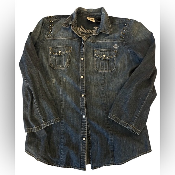 Harley-Davidson Blue Denim Shirt with Studs - Picture 1 of 6